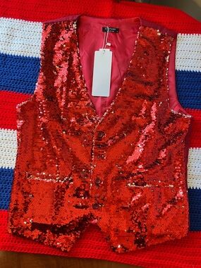 COOFANDY Red Sequin Vest 4th of July Costume or Christmas